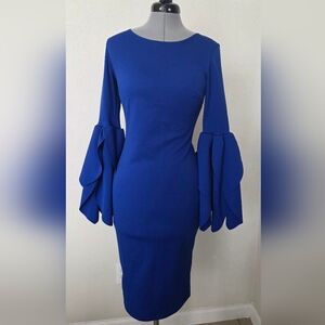 Glamour By Frida Elegant Blue Bell Sleeve Dress